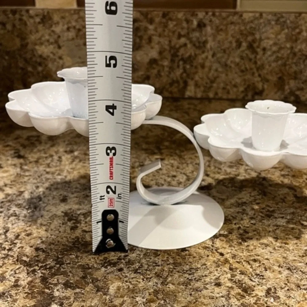 Vintage White Metal Double Candlestick Holder Tiered Flower Shaped